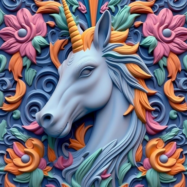 3d unicorn,clay,style by art nouveau,clipart,seamless pattern,floral,magical horn,colorful,3d render,vibrant color