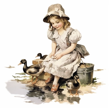 victorian vintage adorable little girl feeding ducks with baquette, full body, pastel beige colors, clipart style, watercolor technique, super high quality, professional watercolor clipart, high resolution