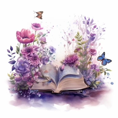 fantasy scene coming out of an open book, secret garden, florals, magical, watercolors, Clipart, pastel violet color theme