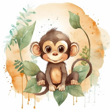 The clipart features a 4K quality illustration with a dreamy and calm atmosphere. The background is a simple, minimalist, and uniform color, creating a clean and soothing backdrop. The clipart depicts a small cute baby monkey, portrayed as an irresistibly adorable little creature, with simple watercolor brushstrokes capturing its playful and endearing nature. The cute baby monkey is illustrated in a childlike style, with soft fur, big round eyes, and a curious expression. Its eyes are filled wit
