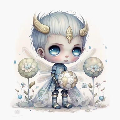 a watercolor painting of a robot boy fairy holding a football on a solid white plain background Clipart style, by nicoletta ceccoli, melancholy pastel art, cute detailed digital art, goddess of sleep, adorable digital painting, by Jasmine Becket-Griffith, fairy cgsociety, dreamy illustration, dreamlike digital painting, astral fairy, cherub, god of dreams, aka dream, dream scenery art, solid white background, Clipart style