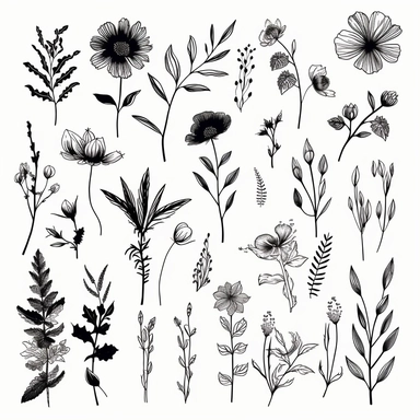 hand drawn floral sketches, black and white art, black ink on white background, bold lines, organic, silhouette, clipart