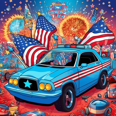 Super cute, American flag with vehicles and firework Sublimation Clipart, Cartoon funny, Cute anime, Very detailed, blue skycolorful background