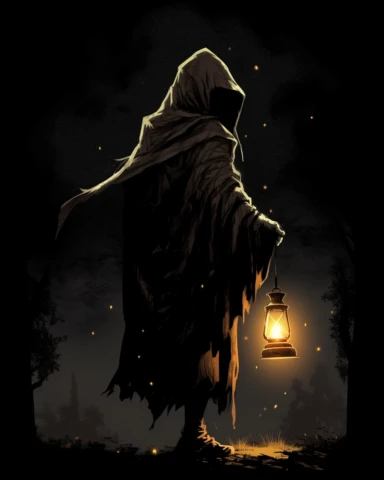 A hooded figure with a lantern searching for something, clipart style