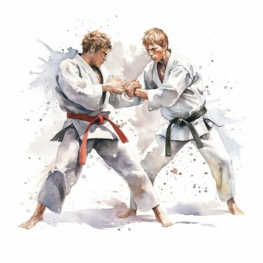 Karate fight, highly detailed, watercolor, clipart, illustration, white background, digital painting, paper crafting, no signature, no text