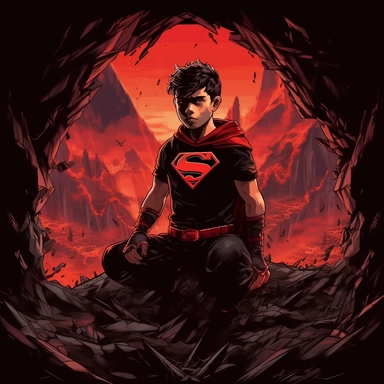 Render an artwork of Superboy in a black t-shirt with a red logo, inspired by Manga style. The scene takes place in an alien landscape, symbolizing Superboy's otherworldly origins. The art style should combine elements of American comics and Manga, marked by fantastical backgrounds and expressive characters. Through digital painting, portray Superboy in a contemplative pose, focusing on his black t-shirt with the red logo. Texture should be applied to detail the t-shirt fabric, Superboy's hair, 