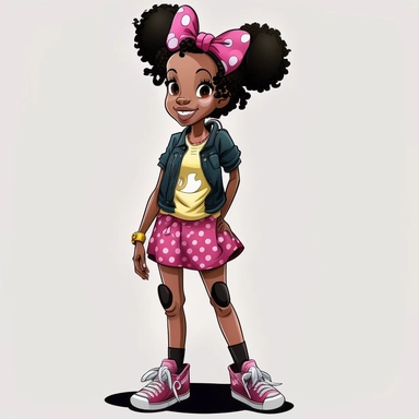 2d, beuatiful vibrant full body happy african american adult mickey mouse woman clipart, dark brown face, pink ears, pink shoes, cartoon realistic