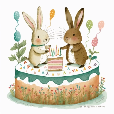 clipart, beautiful smiling,two bunnies,with birthday cake, Usborne and Eric Carle,