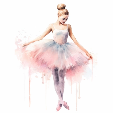 Create a clipart of a watercolor painting of a ballet dancer with a tutu and ballet shoes. No Background