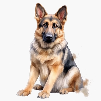 watercolour cute german shepherd dog sitting beautiful details four perfect legs and paws realistic beautiful facial features ultra detailed ultra photo real intricate detailed png image ,high definition,300dpi,graphic clipart,computer graphics