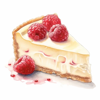 This highly detailed watercolor clipart depicts a heavenly White Chocolate Raspberry Cheesecake on a pristine white background. The artwork showcases the luxurious combination of creamy white chocolate and tart raspberries. The cheesecake is exquisitely rendered with intricate brushstrokes, highlighting its velvety texture and rich flavor. Plump raspberries add a vibrant burst of color, enhancing the visual appeal. Against the clean white backdrop, this clipart exudes an irresistible allure, mak