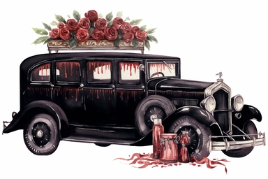 Watercolor illustration. Clipart. Detailed wedding car vintage hearse, with cans and other goth deco. Perfect and delicate details. Sharpen. Isolated on white paper background. Use shades of black and dark-red and other dark contrast colors to represent the Goth style. Precise details. The overall mood of the illustrations should be extravagant. The image should be adorned with details such as texture, shading, and other realistic features.