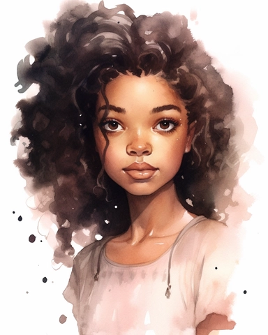 a little melanin girl portrait in watercolor Disney style clipart on white background, hugh eyes, sarah kay, holly hobbies, valentines day