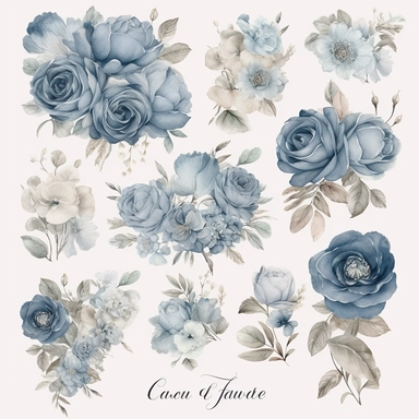 Create a captivating collection of ultra-detailed dusty blue floral clipart, showcasing the beauty of watercolor techniques and the elegance of roses. The clipart should capture the soft and muted tones of dusty blue, evoking a sense of tranquility and sophistication. Incorporate a variety of floral elements, with a focus on roses, as they symbolize love and beauty. Each flower should be meticulously painted, highlighting the delicate petals and realistic textures. Design the clipart with a wedd