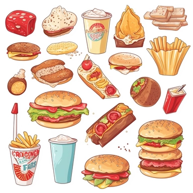 fastfood, clipart set, pizza, donut, hot dog, hamburger, cheeseburger, ice cream, popcorn, isolated on white background