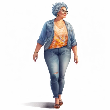 Realistic watercolor full body glamourous fat woman with casual blouse and jeans and heels, beautiful fat woman face with long eyelashes glamourous style, 35 year old lady with grey short hair, clipart, cozy, bright warm colors, 1500x500 pixels, Lady, Jea