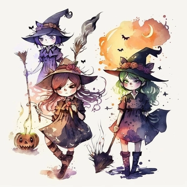 halloween witches with broomsticks. some cartoonish design and some watercolor. and some of both. white background. no tags. CLIPART!!