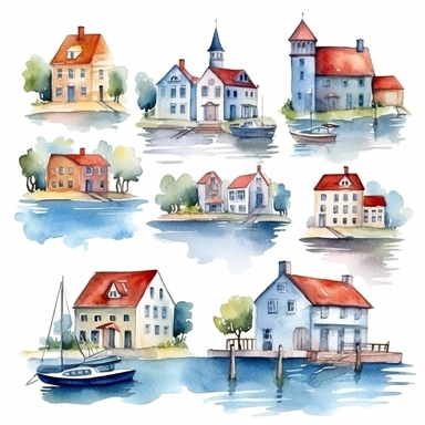 watercolor harbor village, illustrations clipart set, simple, , cartoon elements ,different variants , separate elements with a margin