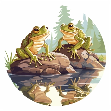 two frogs sitting on a rock, one brownish color, one green, looking into the water with their reflection staring back, reflections in the water show in scenery too clipart vector, put the correct of fingers an toes