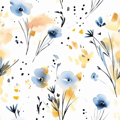 seamless pattern, painting of delicate cute wildflowers, light yellow and blue, single flowers, watercolor watercolour, clipart, pattern designs, animated gifs, simplistic, minimalist, abstract