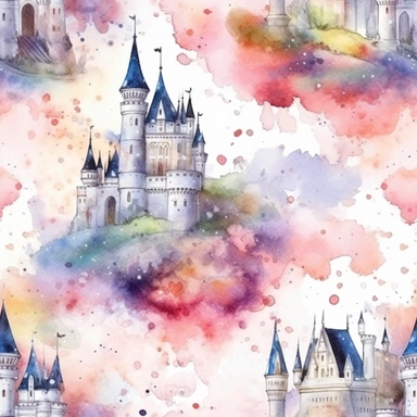 Seamless pattern, watercolor high quality, Fantasy castle clipart on galaxy background