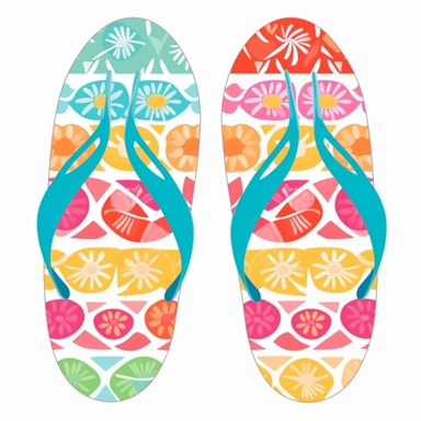Create a charming clip art image of a pair of casual and fun flip-flops, featuring comfortable straps and a patterned sole. The flip-flops should evoke a summertime vibe with their bright colors and laid-back design. Set against a pure white background, these flip-flops are perfect for incorporating into summer-themed projects.