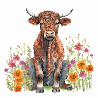 cute brown calf sitting in a field of beautiful wild flowers, highland cow, colorful flowers, watercolor, pencil drawing, detailed, full body cow, white background, clipart,