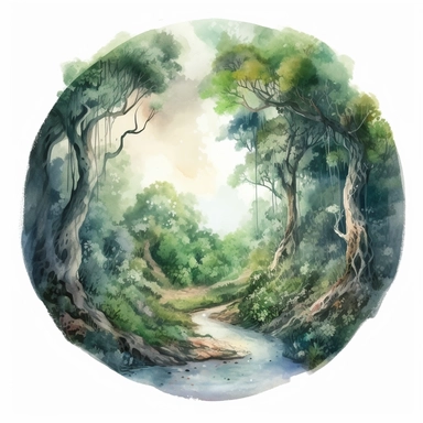 a watercolor of a realistic scenery of the center of the earth forrest, victorian style, vector free clipart illustration, in the style of unreal engine 5, 32k uhd, detailed features, white background