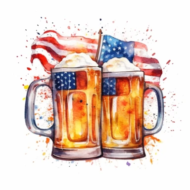 High resolution, Paint a watercolor illustration of two beer mugs clinking together in a toast, with vibrant colors and playful foam overflowing from the glasses and american flag backdrop, watercolor clipart, white background for removing background
