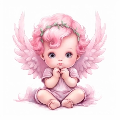 pink cute baby angel illustration clipart, detailed, black outline, white background, 4k, watercolor, digital art