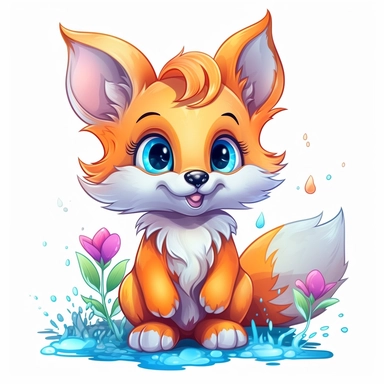 Cute happy baby fox, fairy tale, vibrant colors, Clipart Graphic, disney coloring page, graffiti, white background, 8k, hd