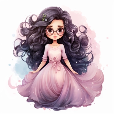 A cute happy princess, brunette, full body, clipart with big cute blue eyes and curly black long hair. She is dressed with a very beautiful long dress and wears a cute pink glasses. The background is a watercolour circle