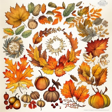 Create clipart sets showcasing the vibrant colors of fall foliage, including different types of leaves, acorns, pumpkins, and autumn wreaths, sharp clear lines hyper detailed high resolution white background