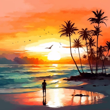 Sunset Clipart in watercolor, Palm Tree Beach, birds, man on beach, hd, color-splashed, masterpiece, close to perfection, rich colors, hyper realistic, white backgraound, 8k v 5.1 ar 16:9 s 300