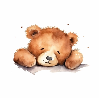 a minimal watercolor clipart of a brown teddy bear sleeping, white background
