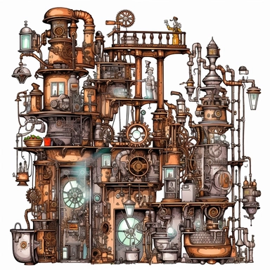 Clipart. White background: In a bustling workshop adorned with shelves of magical artifacts and complex machinery, a collection of whimsical steampunk contraptions takes center stage. Gears, cogs, and valves intertwine with enchanting symbols, infusing the mechanical devices with the power of magic. The foreground showcases the intricate details and fantastical designs of the contraptions, each one uniquely crafted and powered by the whimsical fusion of magic and steampunk aesthetics. The backgr