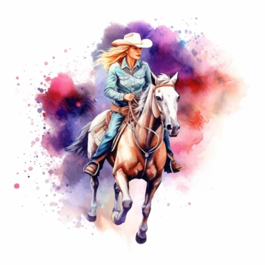 Cowgirl rodeo riding a horse illustration, nebular mix background, clipart, photorealistic illustration, watercolor, high detail, 8k polished, 8k, vibrant colors, sticker, majestic, die cut, white background