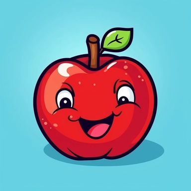 Create a cartoon-style clipart of a bright red apple with a plain, high-contrasted background. The apple should be shown with a big, friendly smile and rosy cheeks, and be positioned in a way that draws attention. The drawing should be simple and playful, with bold outlines and vibrant colors that give it a fun, cartoon-like appearance. Perfect for use in educational materials, websites, or any project that needs a touch of whimsy.