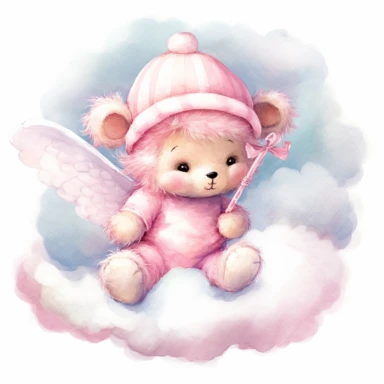 clipart, a whimsical illustration of a contented, loving and angelic baby teddy bear, wearing pajamas and pajamas hat, floating on a cloud, surrendered by pink fluffy clouds, Use a smooth and light watercolor technique to give the artwork a dreamy and ethereal quality