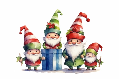 three cute adorable christmas gnomes by a christmass tree, a fourth gnome is climbing up a stack of presents, watercolor, red green, clip art