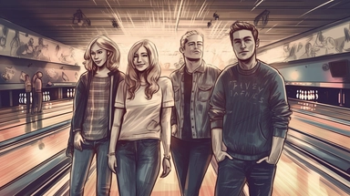 Illustration of relaxed people, Scandinavian men and women in their 40's smiling, concept art, clipart, wearing black hoodies, wearing jeans, full body shot, standing in a bowling lane, BRIGHT bowling alley background, hand drawing, drawn with lines, out of focus bowling alley background, pen drawing, simple lighting, magazine cover, 80mm, 8k, hdr
