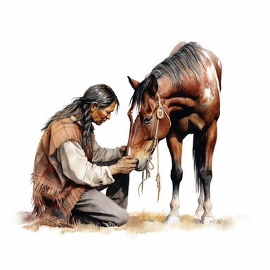 realistic watercolor drawing of an American native taking loving care of a horse on a charming farm, on a white background where the background will be removed to repurpose as a clipart.