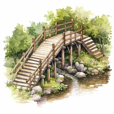 watercolour, wooden bridge over creek, summer, detailed, clipart white background