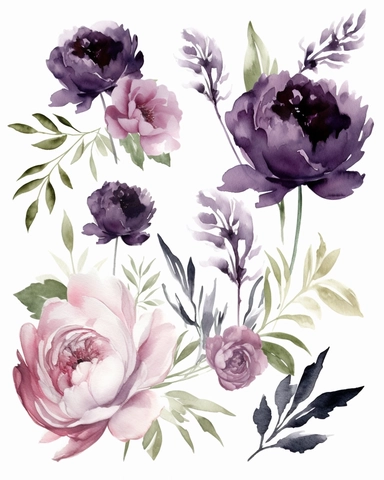 Watercolor Dark Purple Floral Arrangement, Individual Item, Watercolor Floral Composition, pale green Leaves, Plum Peony Flowers Clipart, PNG, a corner flower clipart on pure white background with margins, white background clipart