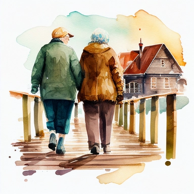Old Couple Watercolor Clipart walking along a boardwalk with back towards us