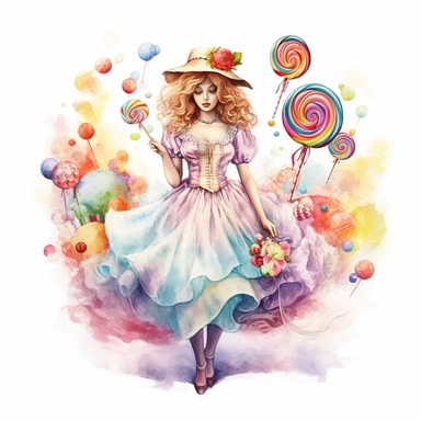 Fairytale style beautifull over realistic victorian styled dressed girl in the candyland with watercolor effect,candyland scene,candies,fantasy style,realistic features,vibrant colors,suitable for digital clipart,white background