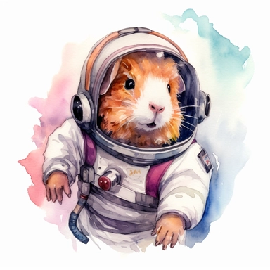 A playful watercolor clipart of a guinea pig astronaut, floating in space with a helmet, the scene rendered unique with bold colors and thick outlines. White background, no shadowing.