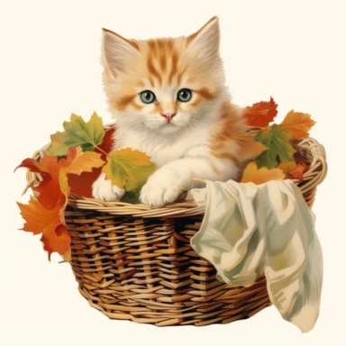 illustration of autumn themed basket of multi coloured kittens, vintage clip art
