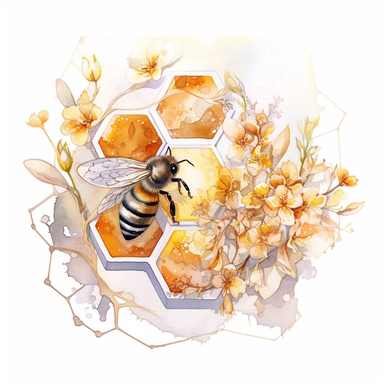 watercolor, white background, no text, clipart of a oneycomb surrounded by blooming spring flowers and glistening drops of honey. The honeycomb takes center stage, consisting of a series of interconnected hexagonal cells. The cells are intricately detailed, with each side forming a perfect angle, creating a visually pleasing pattern. Within the honeycomb, some cells are filled with golden honey, exuding a warm and inviting glow. The honey flows smoothly within the cells, reflecting light and add