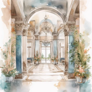 Watercolor drawing beautiful rich interior beautiful scalinata italy villa wedding venue in flowers, ,watercolor clipart, white background, isolated on white, 8k, watercolor style